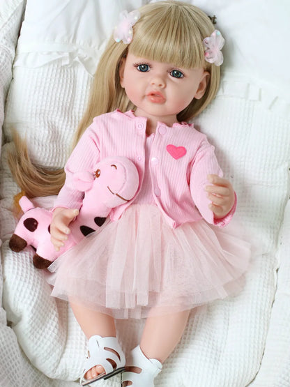 22 Inches Open Eyes Long Blonde Hair Reborn Baby Girls With Pink Dress-Betty