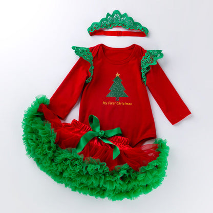 Christmas tree crown long-sleeved red romper pettiskirt suit for 20-28 inches dolls