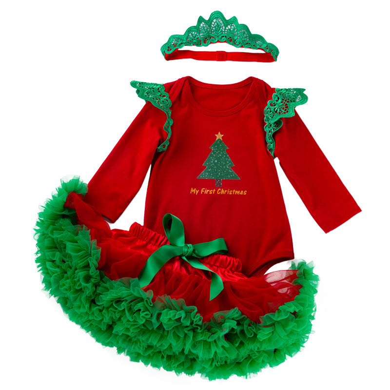 Christmas tree crown long-sleeved red romper pettiskirt suit for 20-28 inches dolls