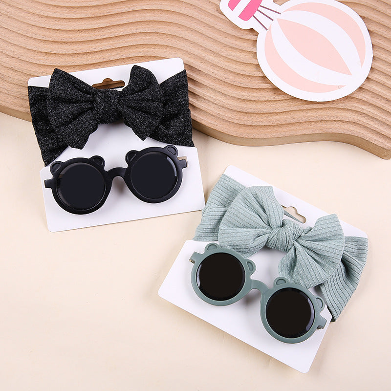 Kids Knit Stretch Stripe Bow Headband Sunglasses Two-Piece Set