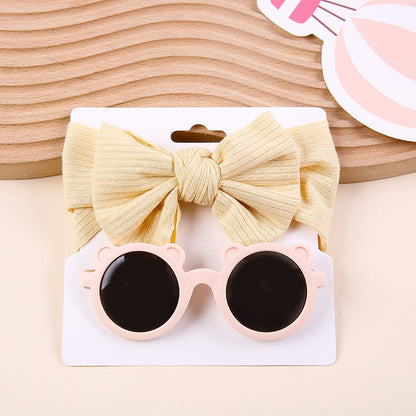 Kids Knit Stretch Stripe Bow Headband Sunglasses Two-Piece Set