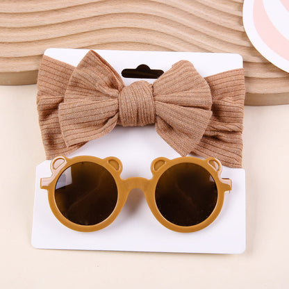 Kids Knit Stretch Stripe Bow Headband Sunglasses Two-Piece Set