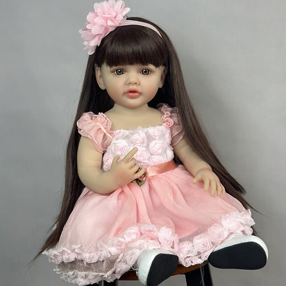 22 Inches Long Brown Hair Reborn Doll Girl In Pink Dress-Betty