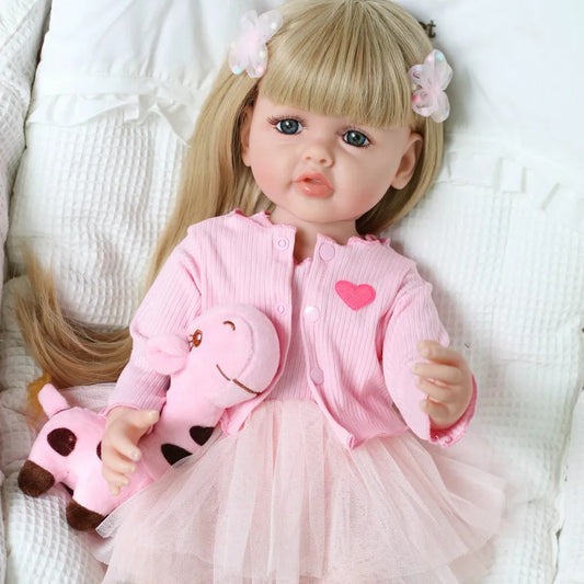 22 Inches Open Eyes Long Blonde Hair Reborn Baby Girls With Pink Dress-Betty