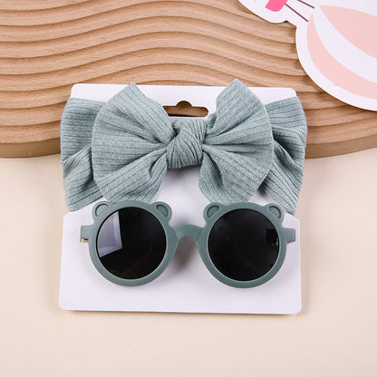 Kids Knit Stretch Stripe Bow Headband Sunglasses Two-Piece Set