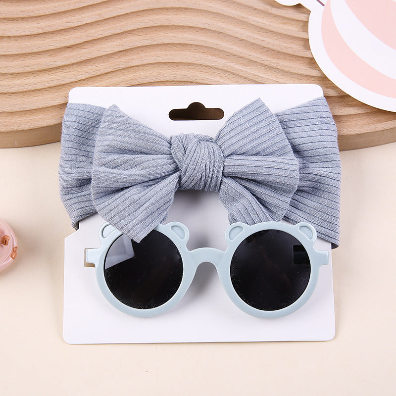 Kids Knit Stretch Stripe Bow Headband Sunglasses Two-Piece Set