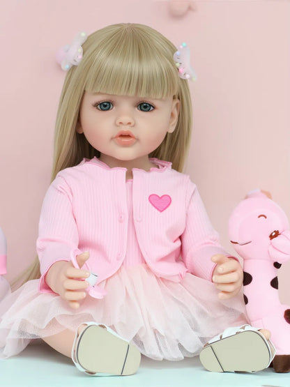 22 Inches Open Eyes Long Blonde Hair Reborn Baby Girls With Pink Dress-Betty