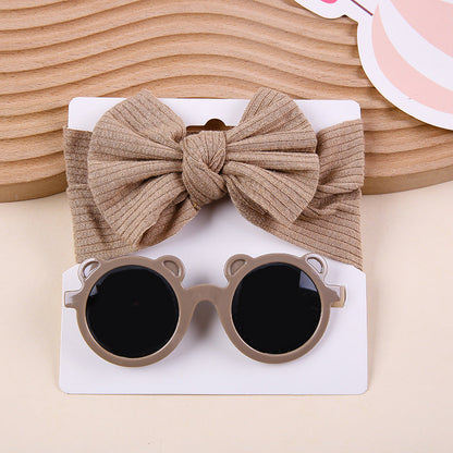 Kids Knit Stretch Stripe Bow Headband Sunglasses Two-Piece Set