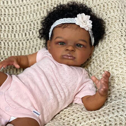 20 Inches Open Eyes Dark Skin Curly Hair Reborn Doll in Pink Clothes-Lanny