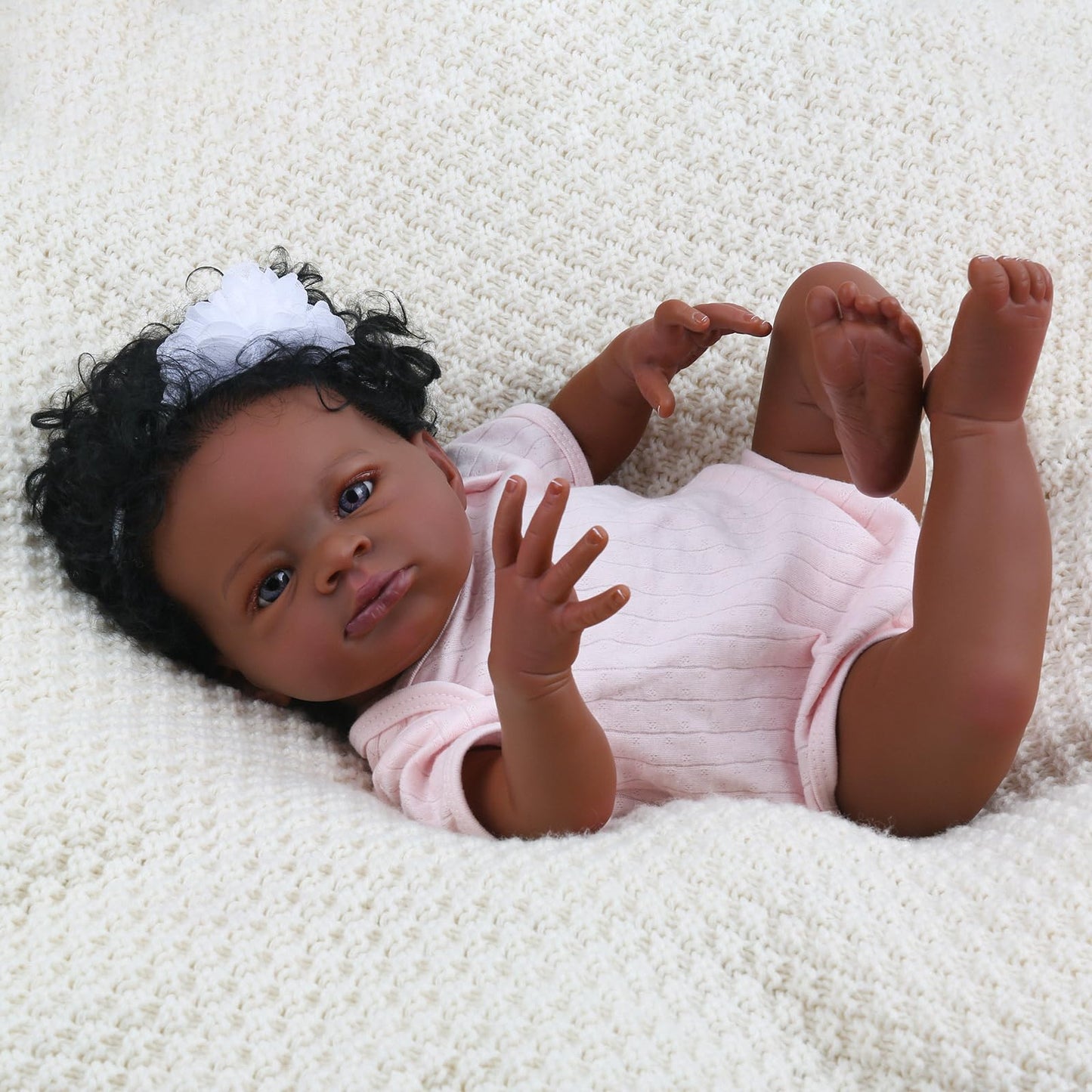 20 Inches Open Eyes Dark Skin Curly Hair Reborn Doll in Pink Clothes-Lanny