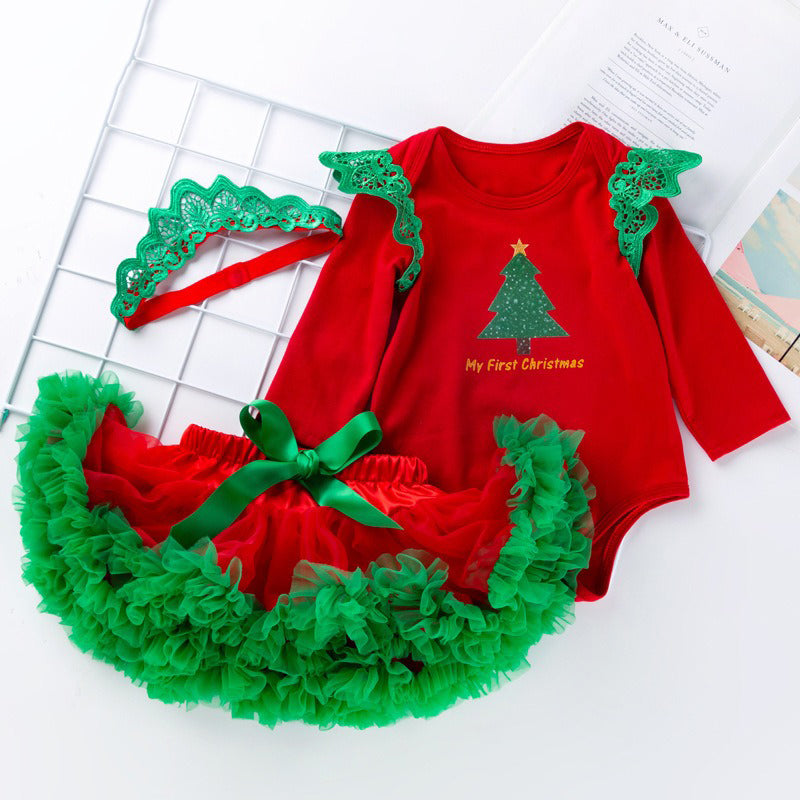 Christmas tree crown long-sleeved red romper pettiskirt suit for 20-28 inches dolls