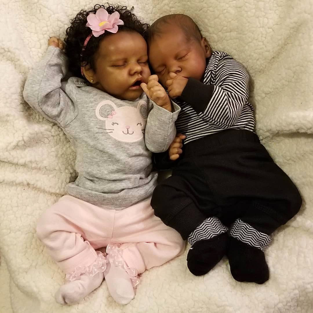 17 inch Sweet Sleeping African American Reborn Baby Twin Sister Batard and Briana