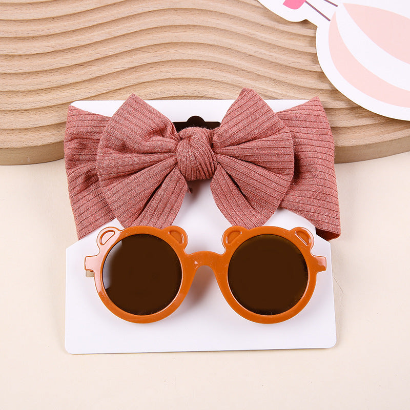 Kids Knit Stretch Stripe Bow Headband Sunglasses Two-Piece Set