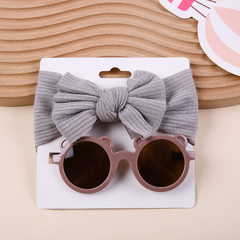 Kids Knit Stretch Stripe Bow Headband Sunglasses Two-Piece Set