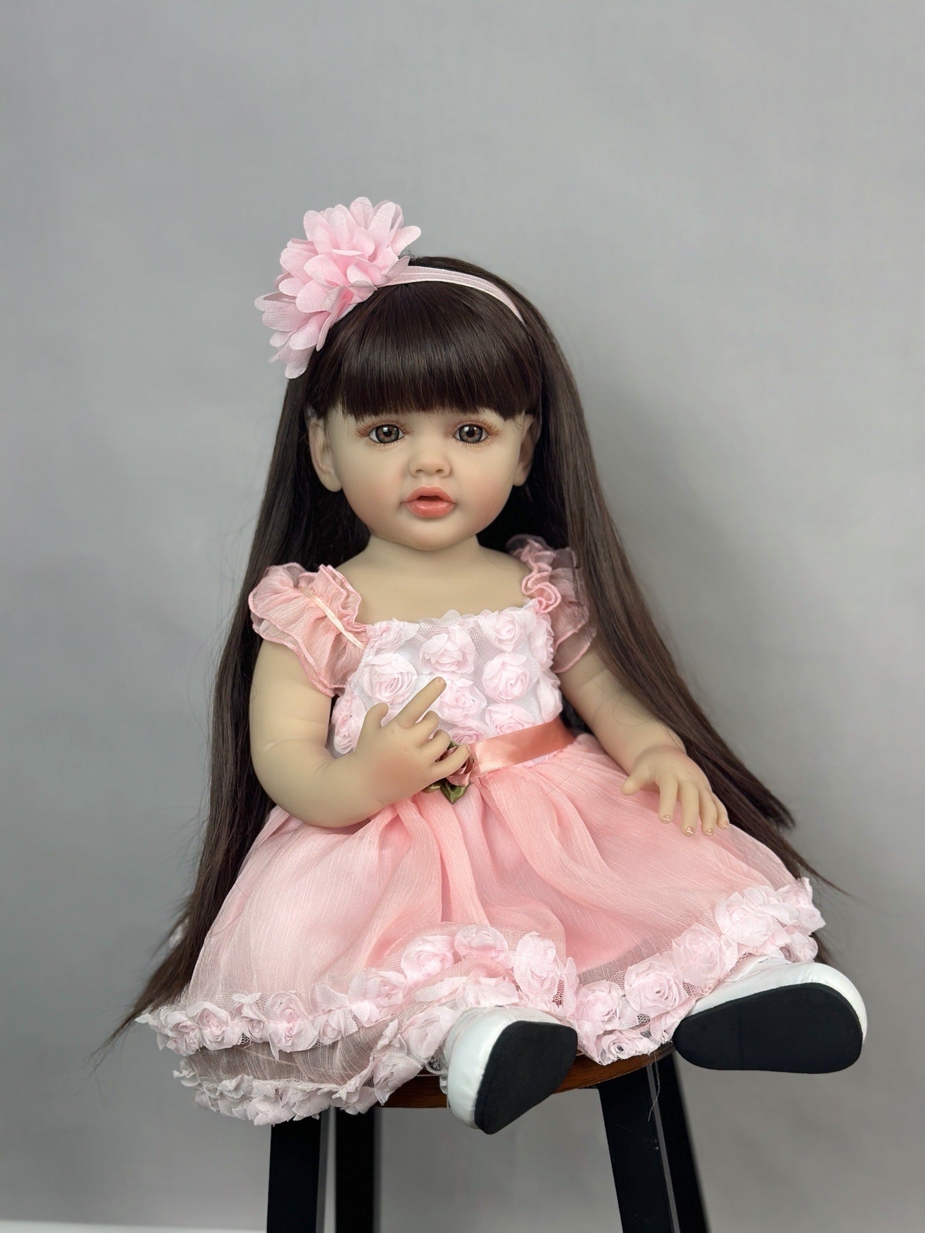 22 Inches Long Brown Hair Reborn Doll Girl In Pink Dress-Betty