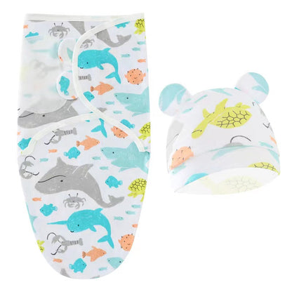 Cartoon Newborn Swaddle Sleeping Bag Fetal Cap 2 Piece Set