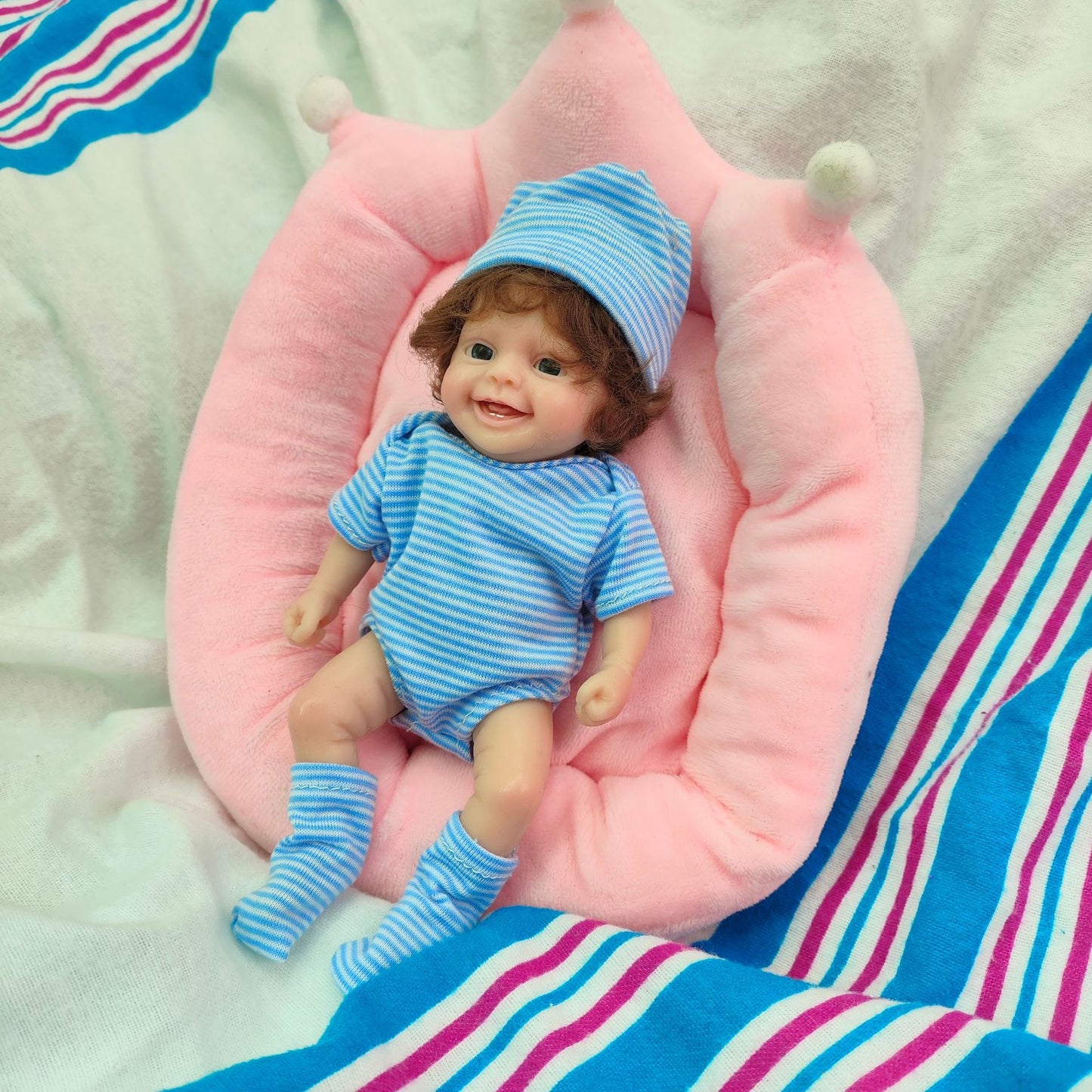 15cm Open Eyes Mini Full Silicone Reborn Doll in Blue Clothes