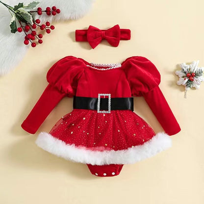 Puff Sleeve Frayed Mesh Christmas Rompers For 26-28 Inches Dolls