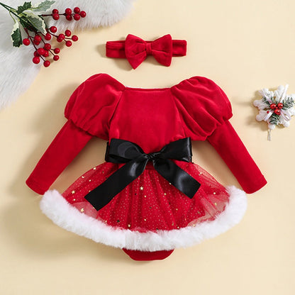 Puff Sleeve Frayed Mesh Christmas Rompers For 26-28 Inches Dolls