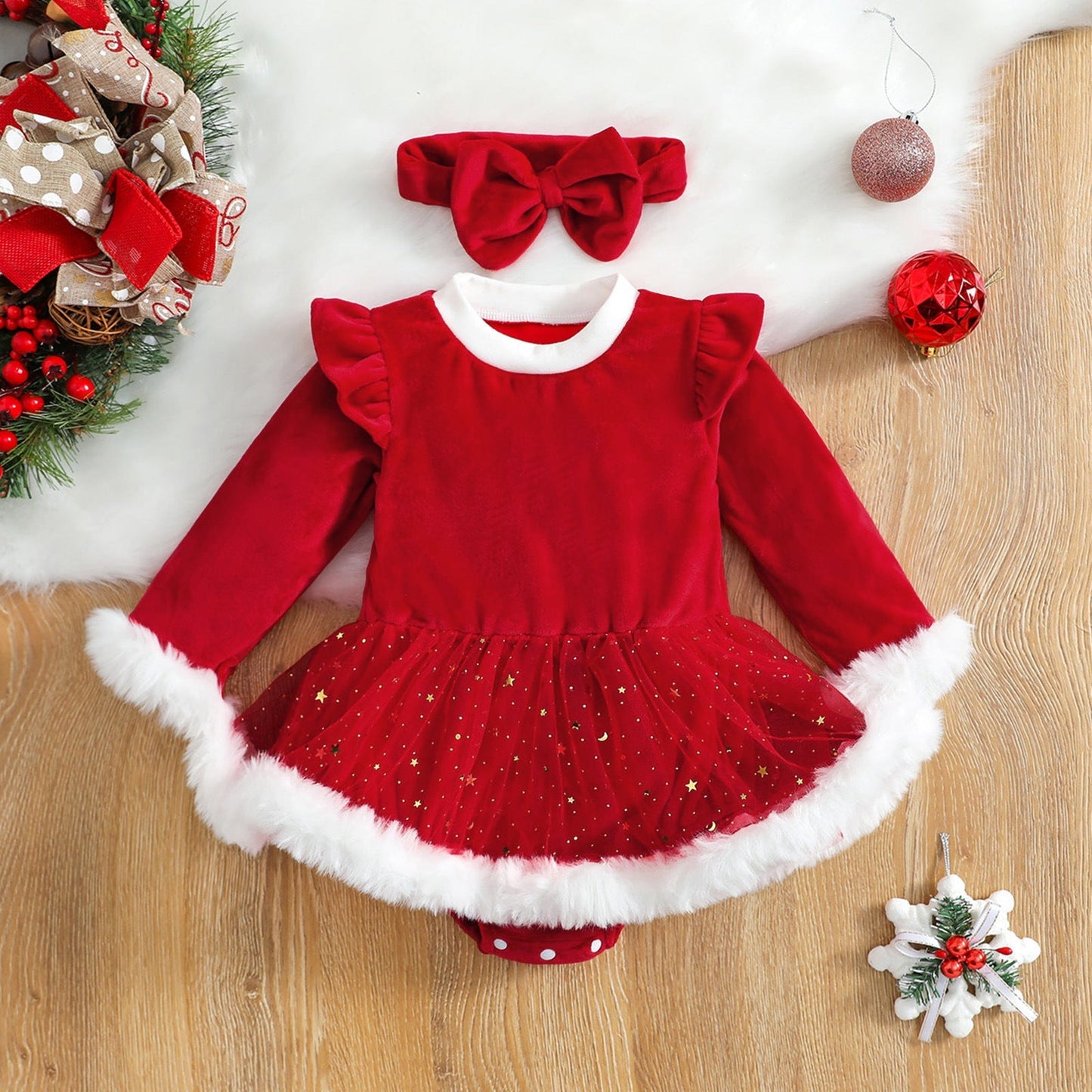 Velvet Long Sleeve Christmas Romper For 26-28 Inches Dolls