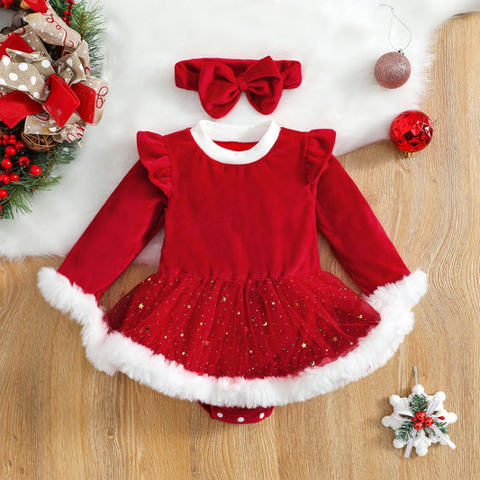 Velvet Long Sleeve Christmas Romper For 26-28 Inches Dolls