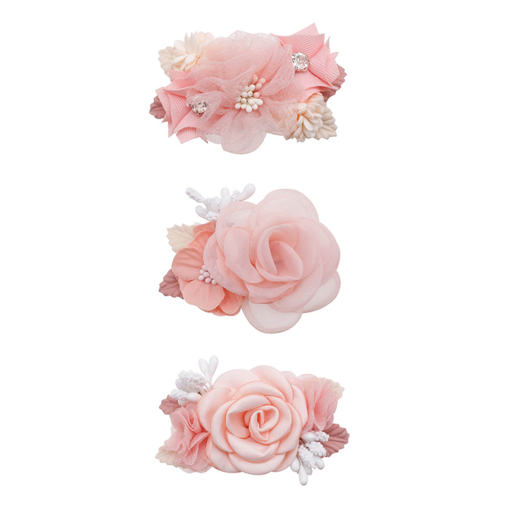 Cute pink artificial flower hair clip 3-piece set