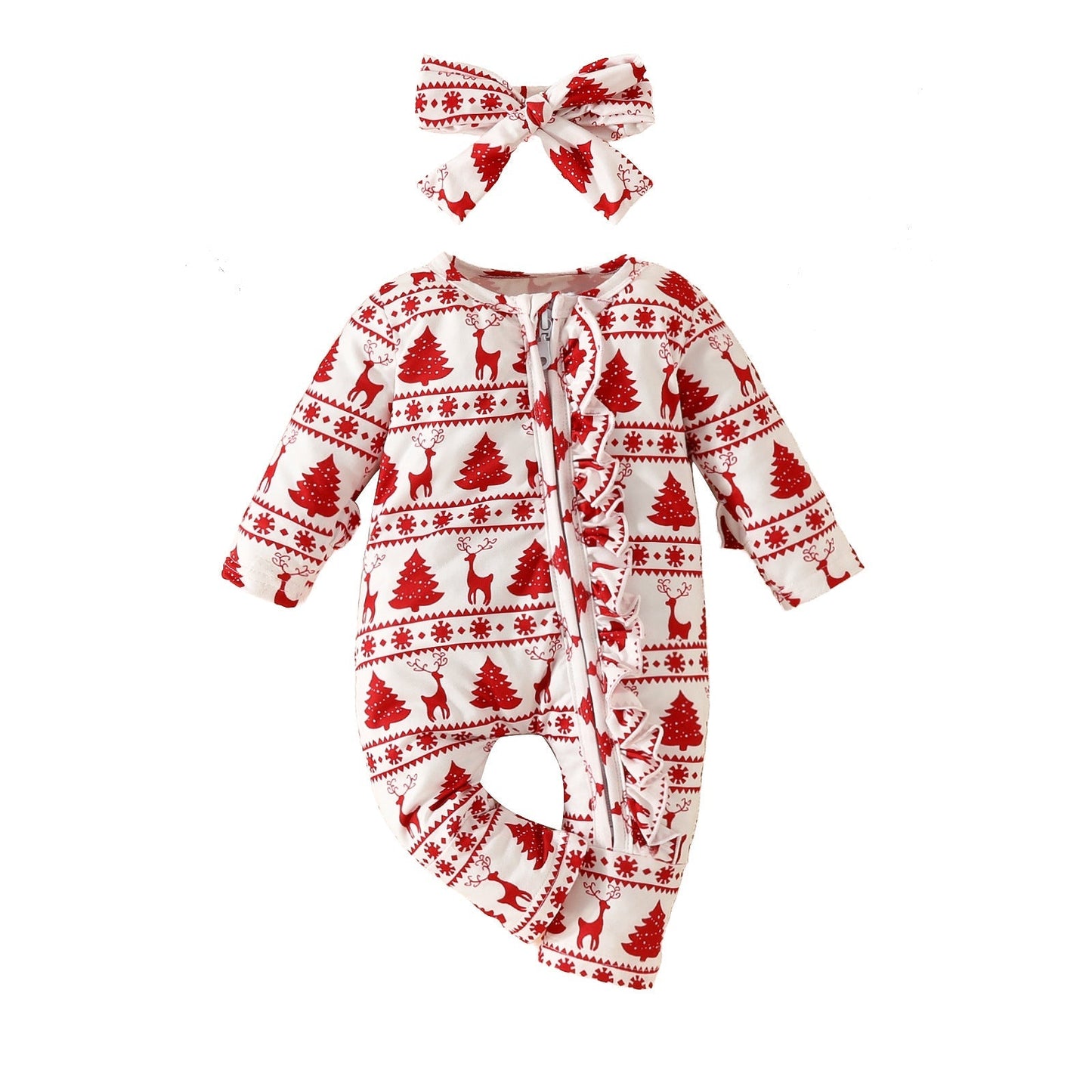 Christmas Deer Pine Print Long Sleeve Romper For 20-28 Inches Dolls