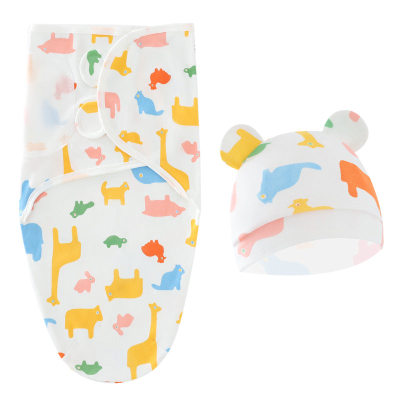 Cartoon Newborn Swaddle Sleeping Bag Fetal Cap 2 Piece Set