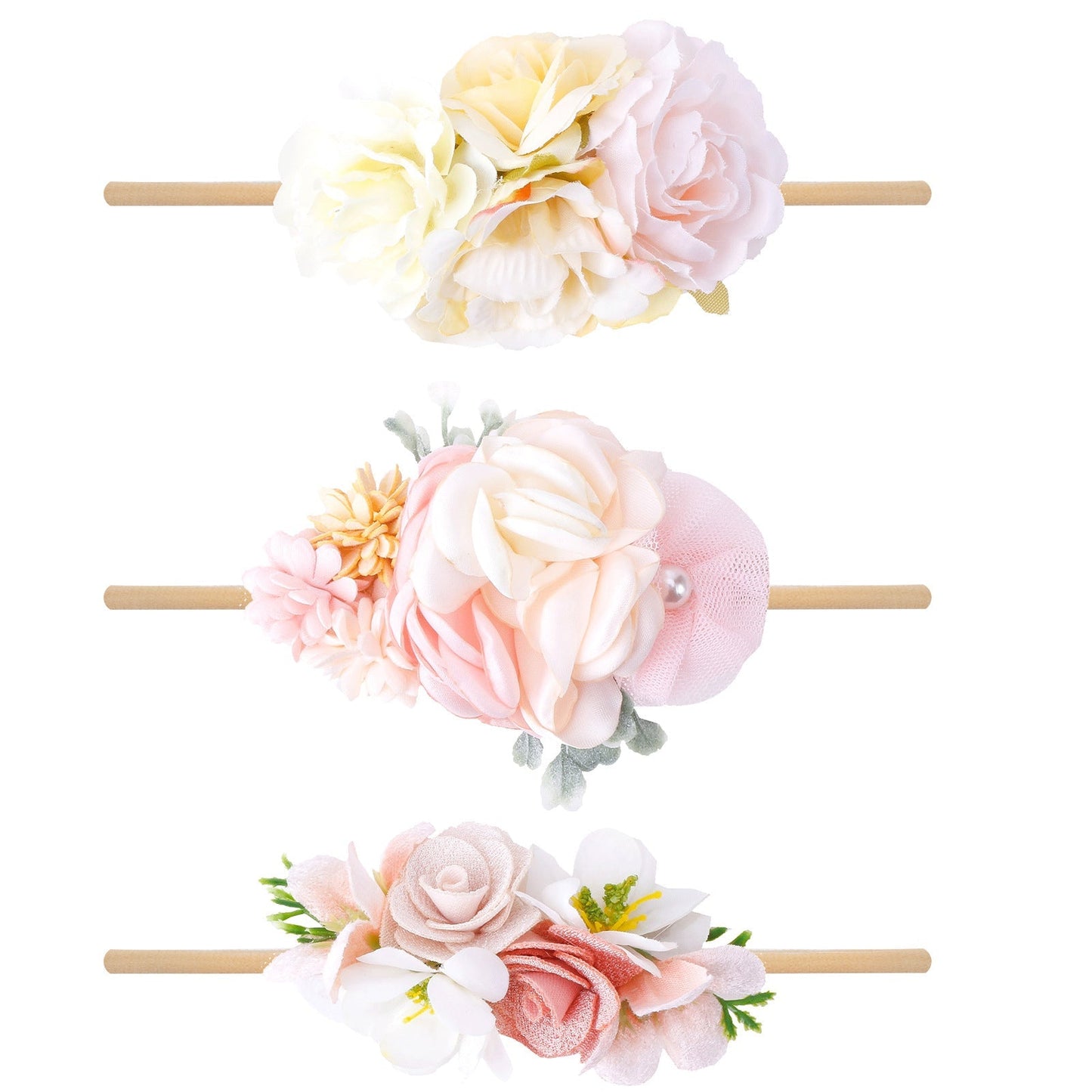 Fresh pastoral style elastic flower baby headband 3-piece set