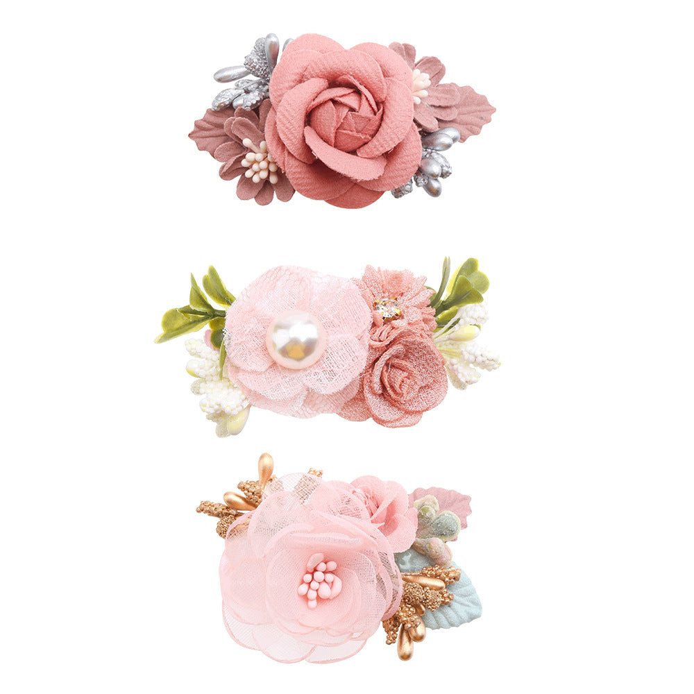 Cute pink artificial flower hair clip 3-piece set