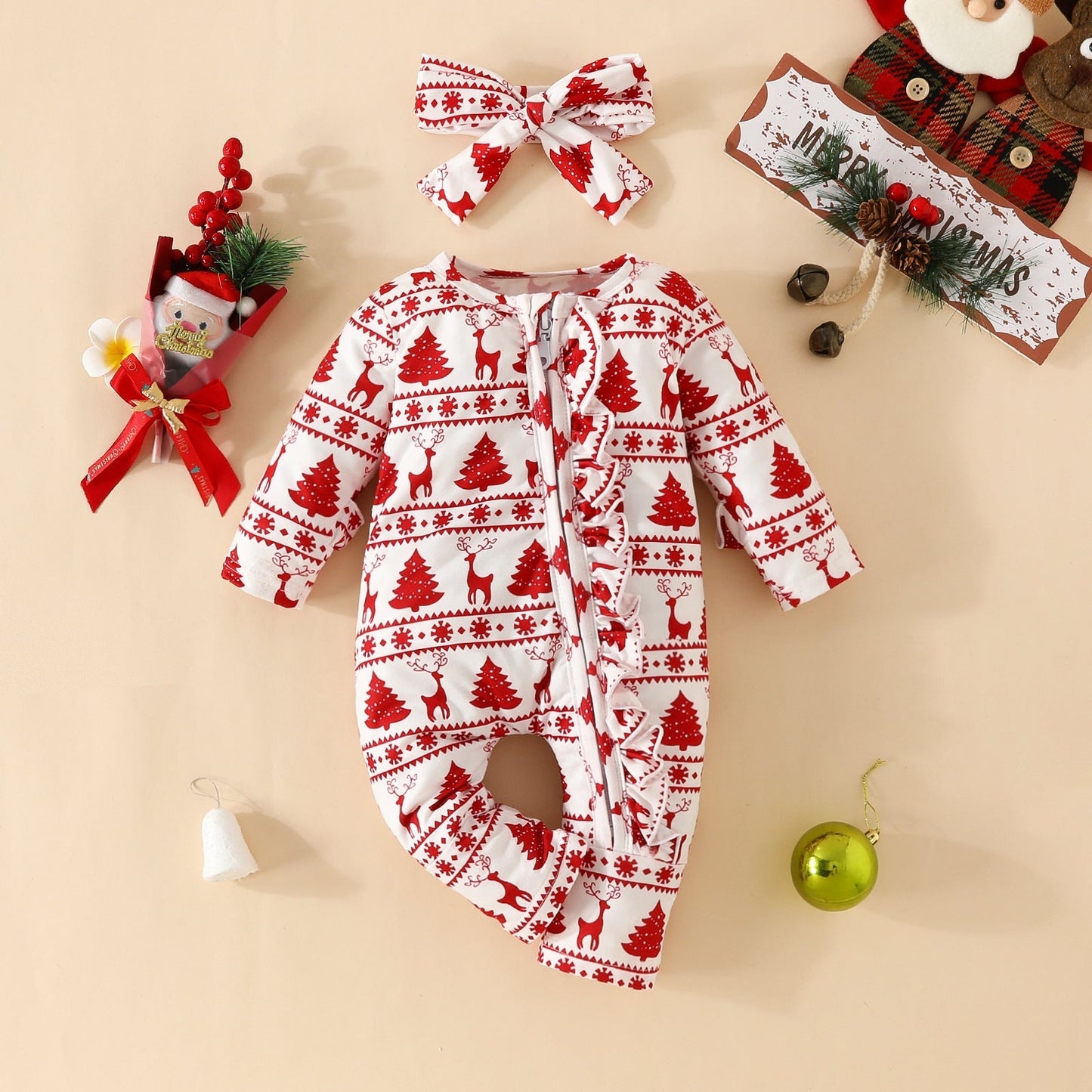 Christmas Deer Pine Print Long Sleeve Romper For 20-28 Inches Dolls