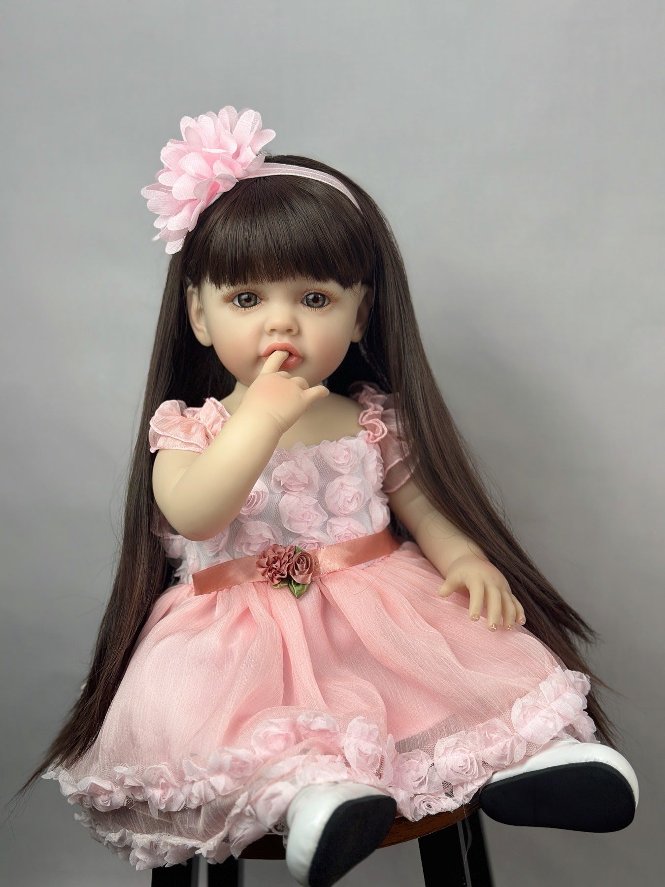 22 Inches Long Brown Hair Reborn Doll Girl In Pink Dress-Betty