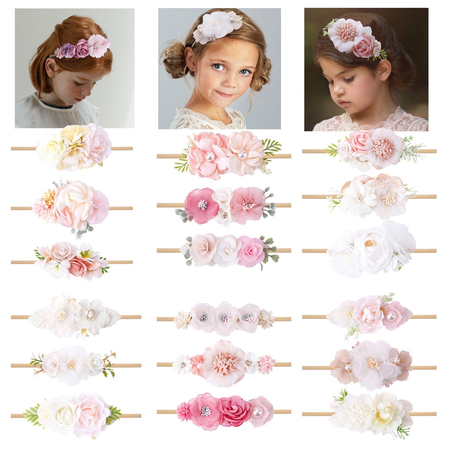 Fresh pastoral style elastic flower baby headband 3-piece set