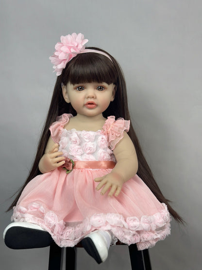 22 Inches Long Brown Hair Reborn Doll Girl In Pink Dress-Betty