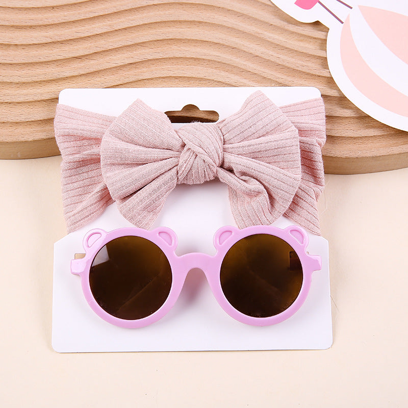 Kids Knit Stretch Stripe Bow Headband Sunglasses Two-Piece Set