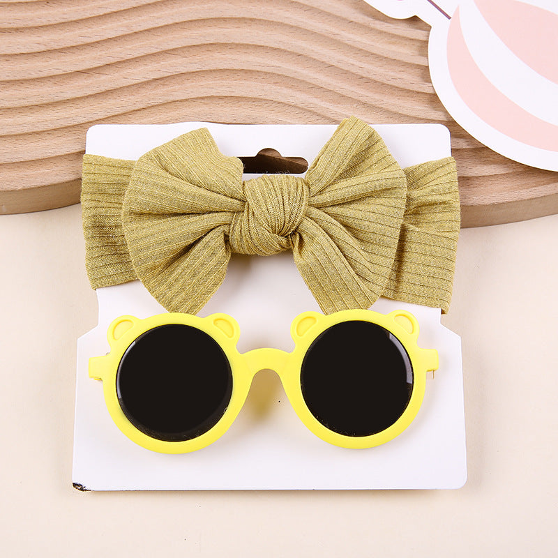 Kids Knit Stretch Stripe Bow Headband Sunglasses Two-Piece Set