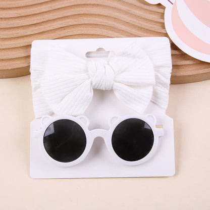 Kids Knit Stretch Stripe Bow Headband Sunglasses Two-Piece Set