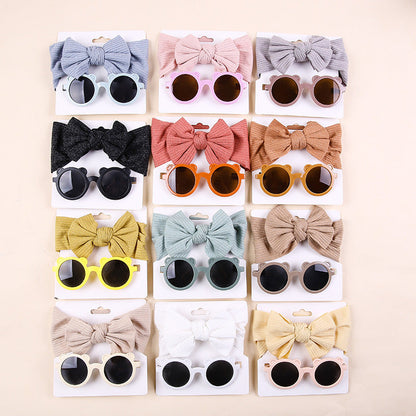 Kids Knit Stretch Stripe Bow Headband Sunglasses Two-Piece Set