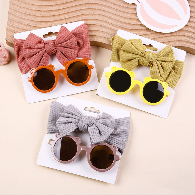 Kids Knit Stretch Stripe Bow Headband Sunglasses Two-Piece Set