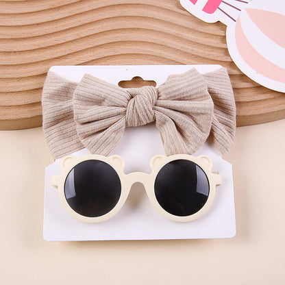 Kids Knit Stretch Stripe Bow Headband Sunglasses Two-Piece Set