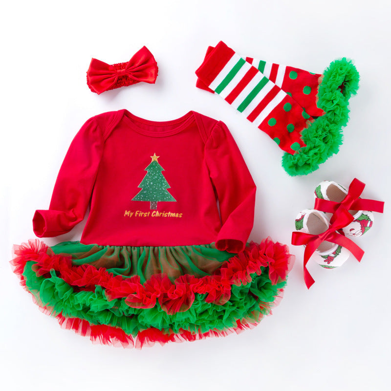 Christmas Tree Print 4-Piece Dress Set for 21/22/23 Inches Reborn Dolls