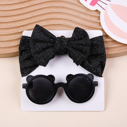 Kids Knit Stretch Stripe Bow Headband Sunglasses Two-Piece Set